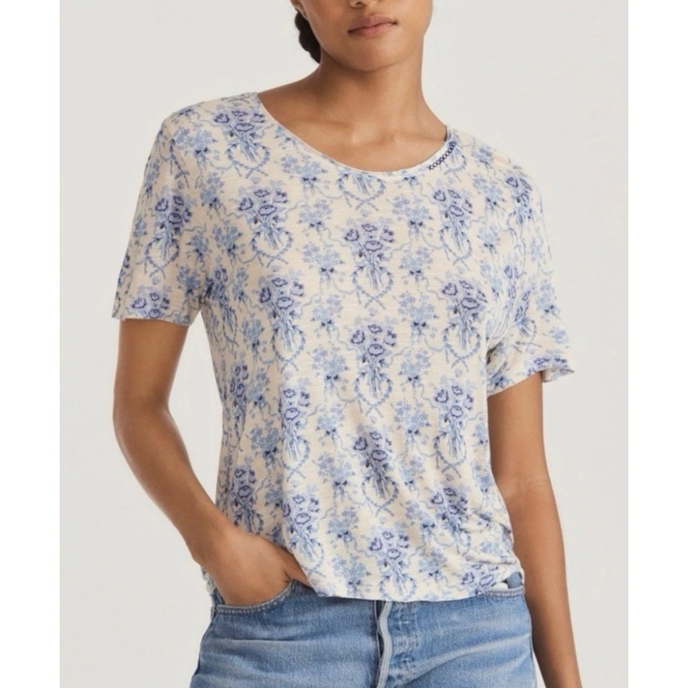 LoveShackFancy Calix Tee XS Blue Floral Frosted Shores Cotton T Shirt